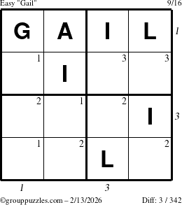 The grouppuzzles.com Easy Gail puzzle for Friday February 13, 2026, suitable for printing, with all 3 steps marked