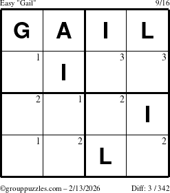 The grouppuzzles.com Easy Gail puzzle for Friday February 13, 2026 with the first 3 steps marked