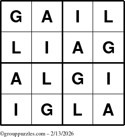 The grouppuzzles.com Answer grid for the Gail puzzle for Friday February 13, 2026