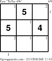 The grouppuzzles.com Easy TicTac-456 puzzle for Friday February 13, 2026, suitable for printing, with all 2 steps marked