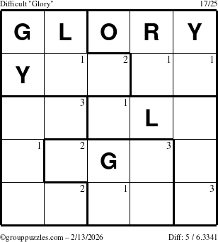 The grouppuzzles.com Difficult Glory puzzle for Friday February 13, 2026 with the first 3 steps marked