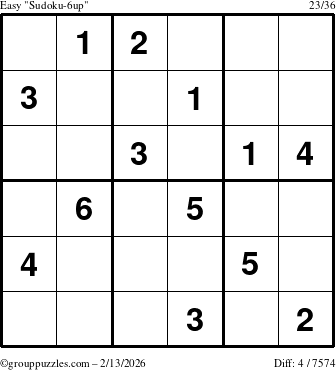 The grouppuzzles.com Easy Sudoku-6up puzzle for Friday February 13, 2026