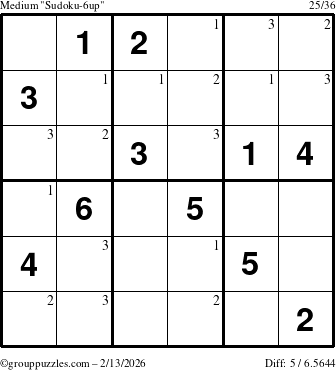 The grouppuzzles.com Medium Sudoku-6up puzzle for Friday February 13, 2026 with the first 3 steps marked