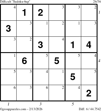 The grouppuzzles.com Difficult Sudoku-6up puzzle for Friday February 13, 2026 with all 6 steps marked