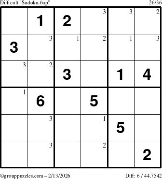 The grouppuzzles.com Difficult Sudoku-6up puzzle for Friday February 13, 2026 with the first 3 steps marked