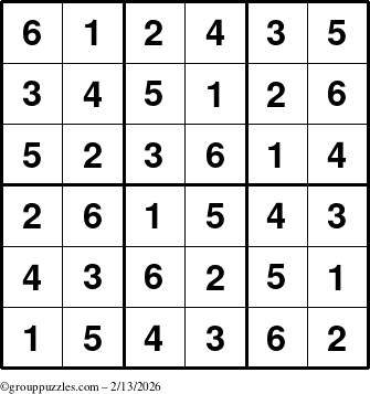 The grouppuzzles.com Answer grid for the Sudoku-6up puzzle for Friday February 13, 2026