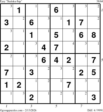 The grouppuzzles.com Easy Sudoku-8up puzzle for Friday February 13, 2026 with all 4 steps marked