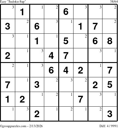 The grouppuzzles.com Easy Sudoku-8up puzzle for Friday February 13, 2026 with the first 3 steps marked
