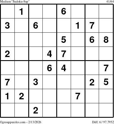 The grouppuzzles.com Medium Sudoku-8up puzzle for Friday February 13, 2026