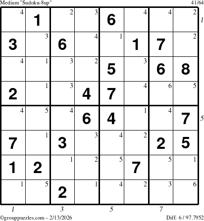 The grouppuzzles.com Medium Sudoku-8up puzzle for Friday February 13, 2026 with all 6 steps marked