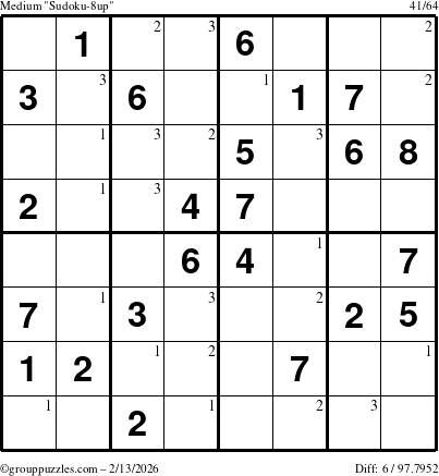 The grouppuzzles.com Medium Sudoku-8up puzzle for Friday February 13, 2026 with the first 3 steps marked