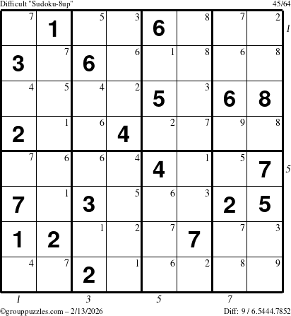 The grouppuzzles.com Difficult Sudoku-8up puzzle for Friday February 13, 2026 with all 9 steps marked
