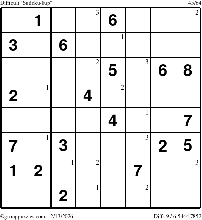 The grouppuzzles.com Difficult Sudoku-8up puzzle for Friday February 13, 2026 with the first 3 steps marked