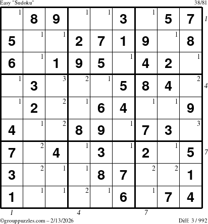 The grouppuzzles.com Easy Sudoku puzzle for Friday February 13, 2026 with all 3 steps marked