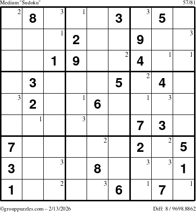 The grouppuzzles.com Medium Sudoku puzzle for Friday February 13, 2026 with the first 3 steps marked