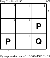 The grouppuzzles.com Easy TicTac-PQR puzzle for Friday February 13, 2026 with all 2 steps marked
