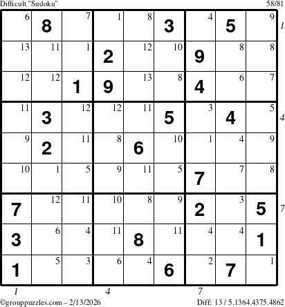 The grouppuzzles.com Difficult Sudoku puzzle for Friday February 13, 2026, suitable for printing, with all 13 steps marked
