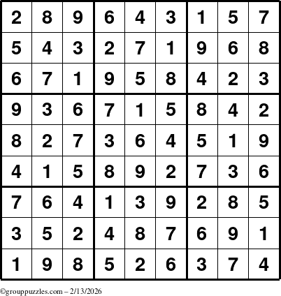 The grouppuzzles.com Answer grid for the Sudoku puzzle for Friday February 13, 2026