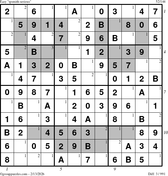 The grouppuzzles.com Easy tpsmith-serious puzzle for Friday February 13, 2026, suitable for printing, with all 3 steps marked