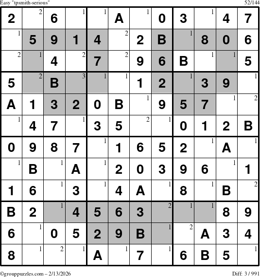 The grouppuzzles.com Easy tpsmith-serious puzzle for Friday February 13, 2026 with the first 3 steps marked