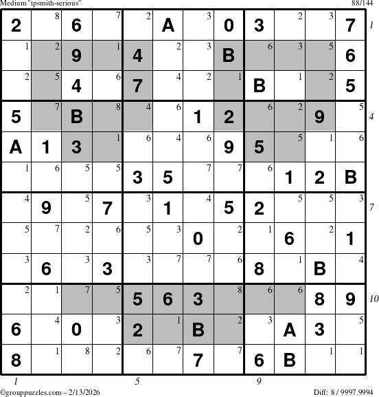 The grouppuzzles.com Medium tpsmith-serious puzzle for Friday February 13, 2026, suitable for printing, with all 8 steps marked