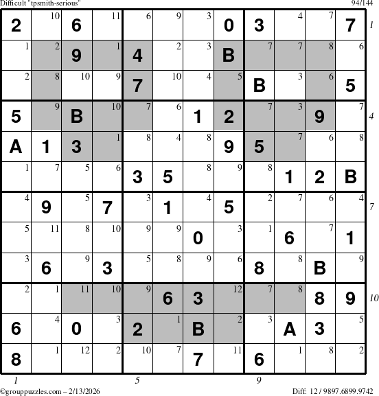 The grouppuzzles.com Difficult tpsmith-serious puzzle for Friday February 13, 2026 with all 12 steps marked