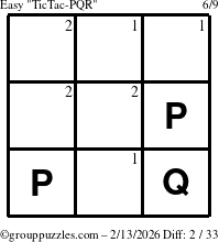 The grouppuzzles.com Easy TicTac-PQR puzzle for Friday February 13, 2026 with the first 2 steps marked