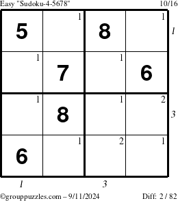 The grouppuzzles.com Easy Sudoku-4-5678 puzzle for Wednesday September 11, 2024, suitable for printing, with all 2 steps marked