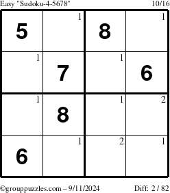 The grouppuzzles.com Easy Sudoku-4-5678 puzzle for Wednesday September 11, 2024 with the first 2 steps marked