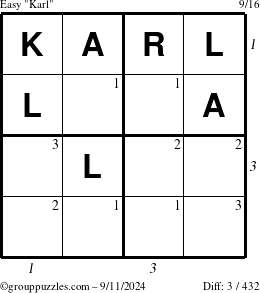 The grouppuzzles.com Easy Karl puzzle for Wednesday September 11, 2024 with all 3 steps marked