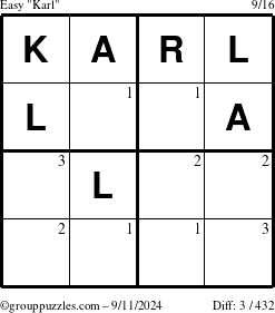 The grouppuzzles.com Easy Karl puzzle for Wednesday September 11, 2024 with the first 3 steps marked