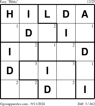 The grouppuzzles.com Easy Hilda puzzle for Wednesday September 11, 2024 with the first 3 steps marked