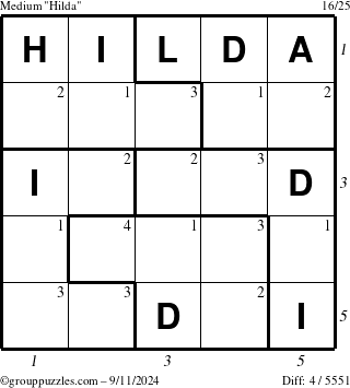 The grouppuzzles.com Medium Hilda puzzle for Wednesday September 11, 2024 with all 4 steps marked