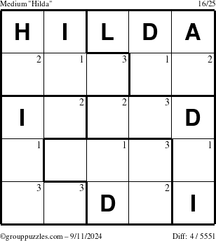 The grouppuzzles.com Medium Hilda puzzle for Wednesday September 11, 2024 with the first 3 steps marked