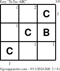 The grouppuzzles.com Easy TicTac-ABC puzzle for Wednesday September 11, 2024, suitable for printing, with all 2 steps marked