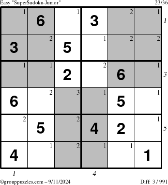 The grouppuzzles.com Easy SuperSudoku-Junior puzzle for Wednesday September 11, 2024 with all 3 steps marked