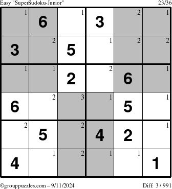 The grouppuzzles.com Easy SuperSudoku-Junior puzzle for Wednesday September 11, 2024 with the first 3 steps marked