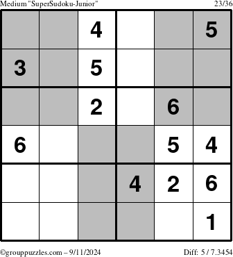 The grouppuzzles.com Medium SuperSudoku-Junior puzzle for Wednesday September 11, 2024