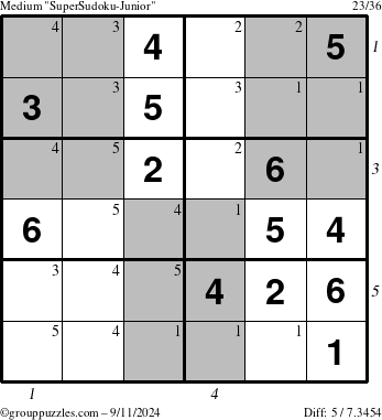 The grouppuzzles.com Medium SuperSudoku-Junior puzzle for Wednesday September 11, 2024 with all 5 steps marked