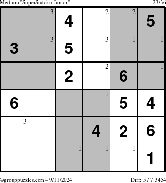 The grouppuzzles.com Medium SuperSudoku-Junior puzzle for Wednesday September 11, 2024 with the first 3 steps marked