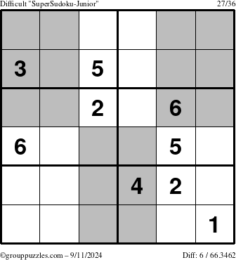 The grouppuzzles.com Difficult SuperSudoku-Junior puzzle for Wednesday September 11, 2024