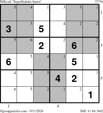 The grouppuzzles.com Difficult SuperSudoku-Junior puzzle for Wednesday September 11, 2024, suitable for printing, with all 6 steps marked