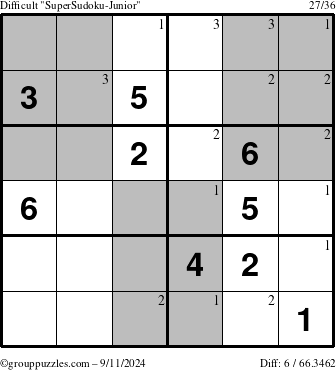 The grouppuzzles.com Difficult SuperSudoku-Junior puzzle for Wednesday September 11, 2024 with the first 3 steps marked