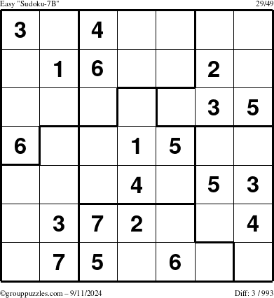 The grouppuzzles.com Easy Sudoku-7B puzzle for Wednesday September 11, 2024