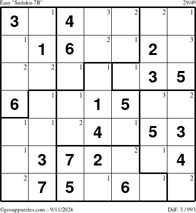 The grouppuzzles.com Easy Sudoku-7B puzzle for Wednesday September 11, 2024 with the first 3 steps marked