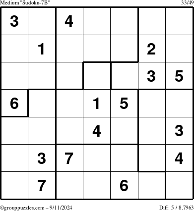 The grouppuzzles.com Medium Sudoku-7B puzzle for Wednesday September 11, 2024