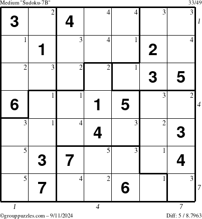 The grouppuzzles.com Medium Sudoku-7B puzzle for Wednesday September 11, 2024 with all 5 steps marked