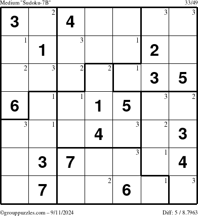 The grouppuzzles.com Medium Sudoku-7B puzzle for Wednesday September 11, 2024 with the first 3 steps marked