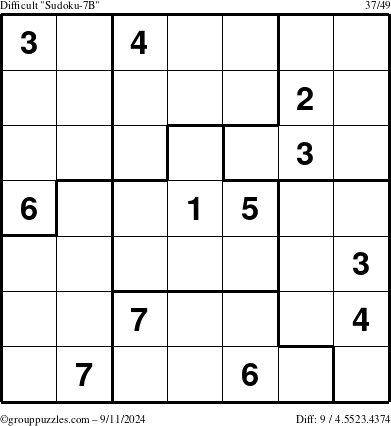 The grouppuzzles.com Difficult Sudoku-7B puzzle for Wednesday September 11, 2024