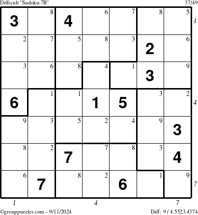 The grouppuzzles.com Difficult Sudoku-7B puzzle for Wednesday September 11, 2024 with all 9 steps marked